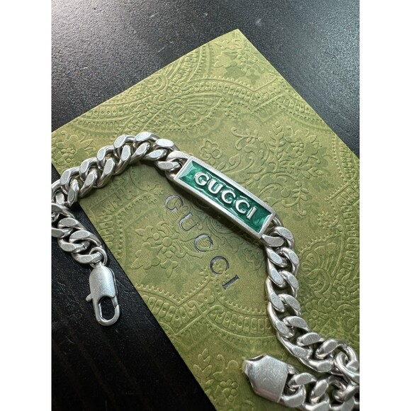 Vintage Gucci Men Bold Logo Plague Green Enamel Silver Tone Link Chain Bracelet - Picture 1 of 8